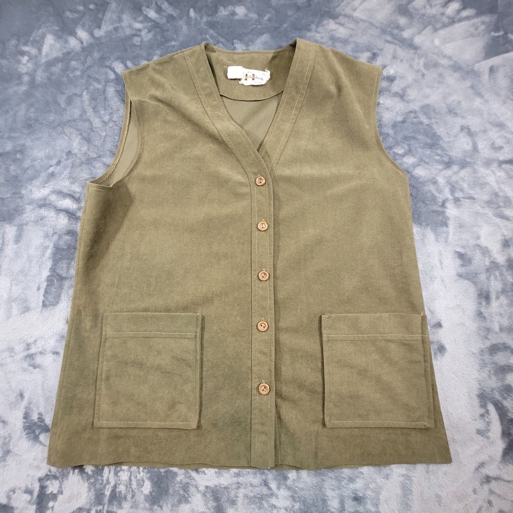 Vintage Marty Gutmacher Olive Green Faux Suede Button Front Vest ILGWU Size 14